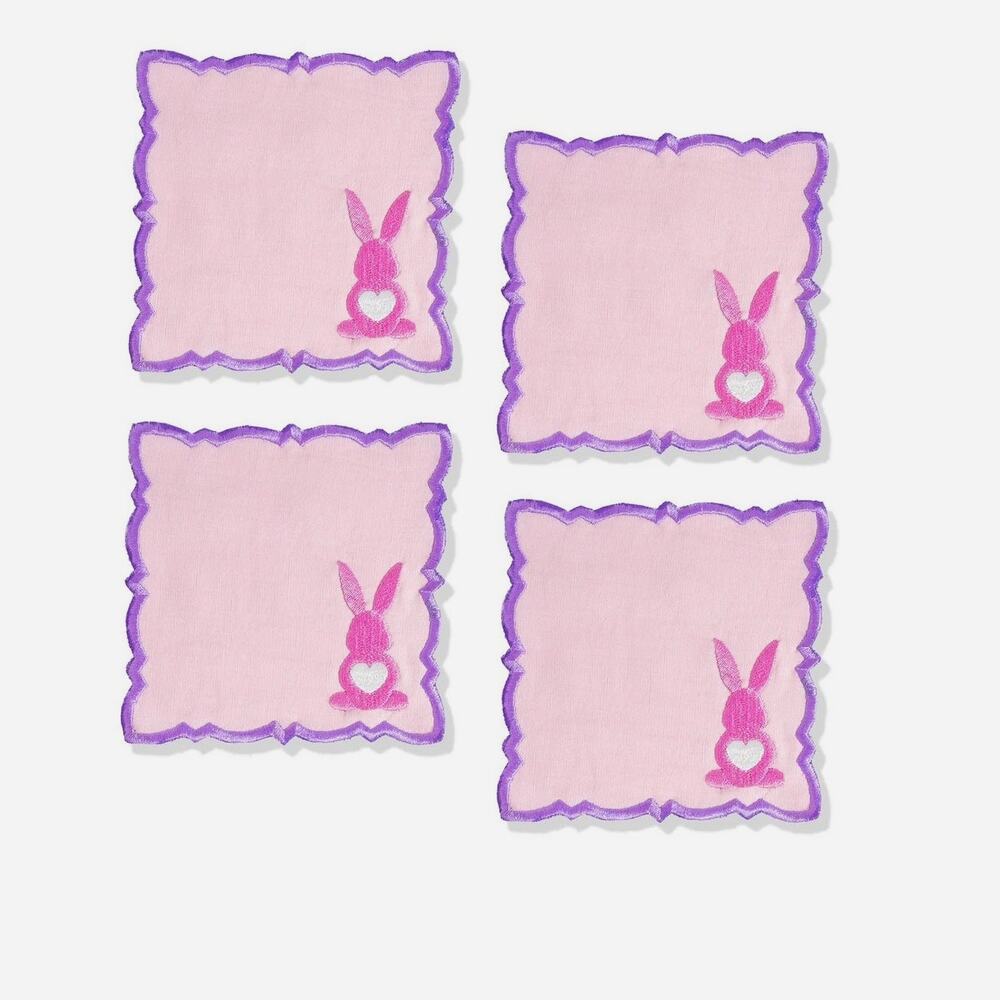 Tiramisu Bunny Cocktail Napkins Set of 4 6x6 Embroidered Pink Purple EASTER NEW